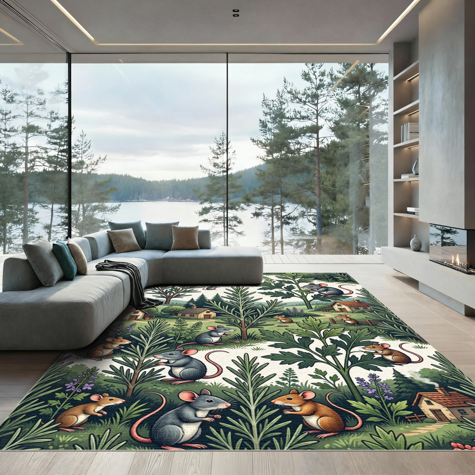 Whimsical Woodland Mouse and Herb Garden Rug