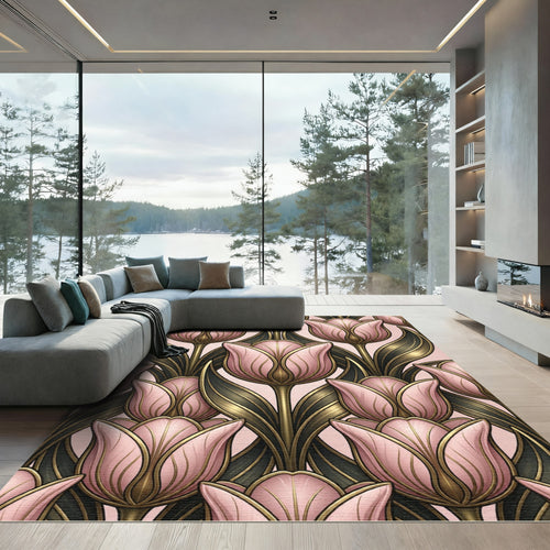 Art Nouveau Blush Tulip Gold Foliage Rug
