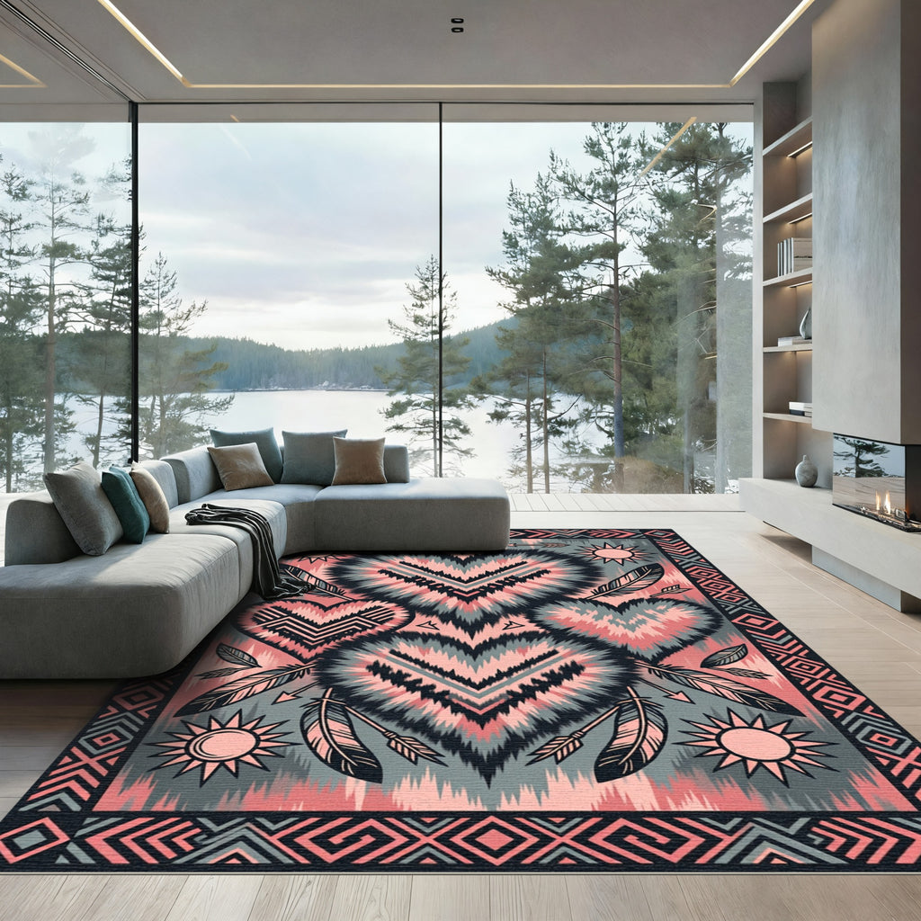 Tribal Heart Ikat Arrows Coral Gray Rug