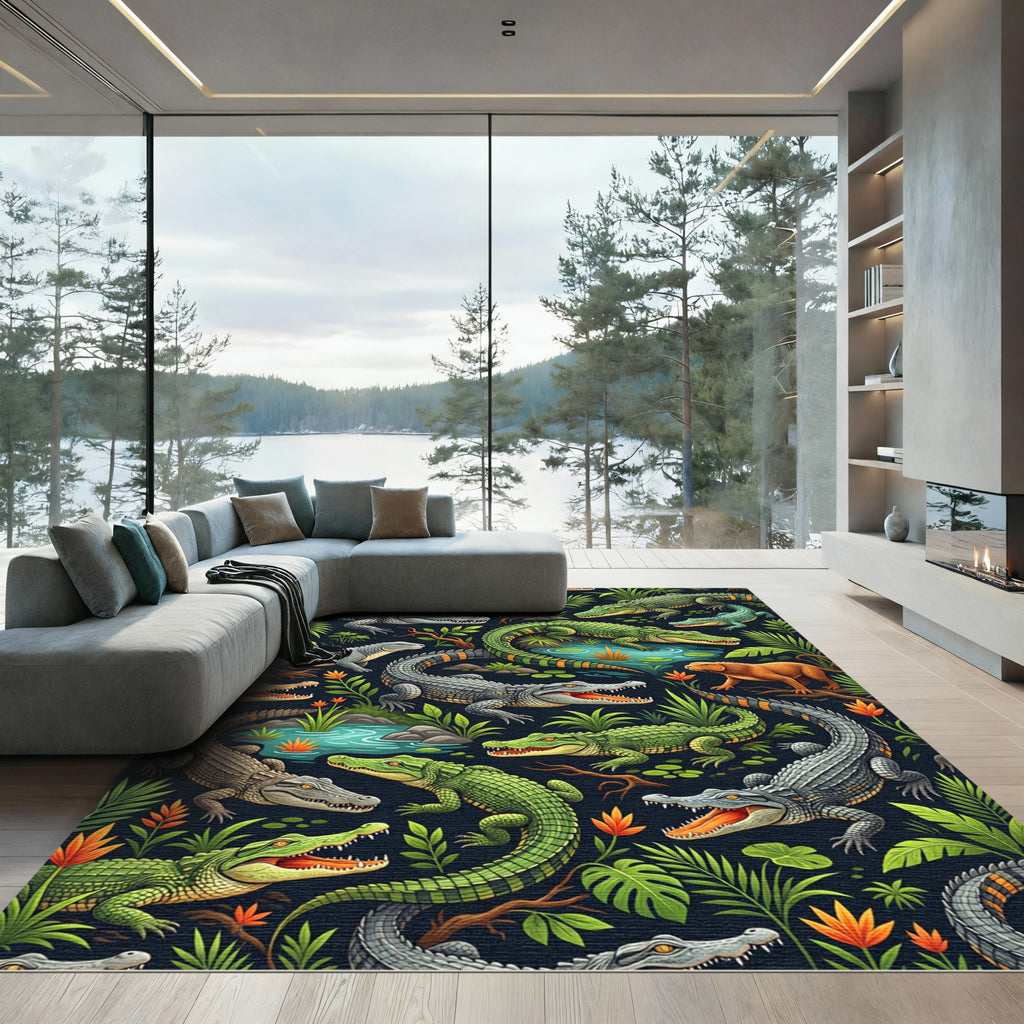 Lush Green Tropical Alligator Wildlife Rug