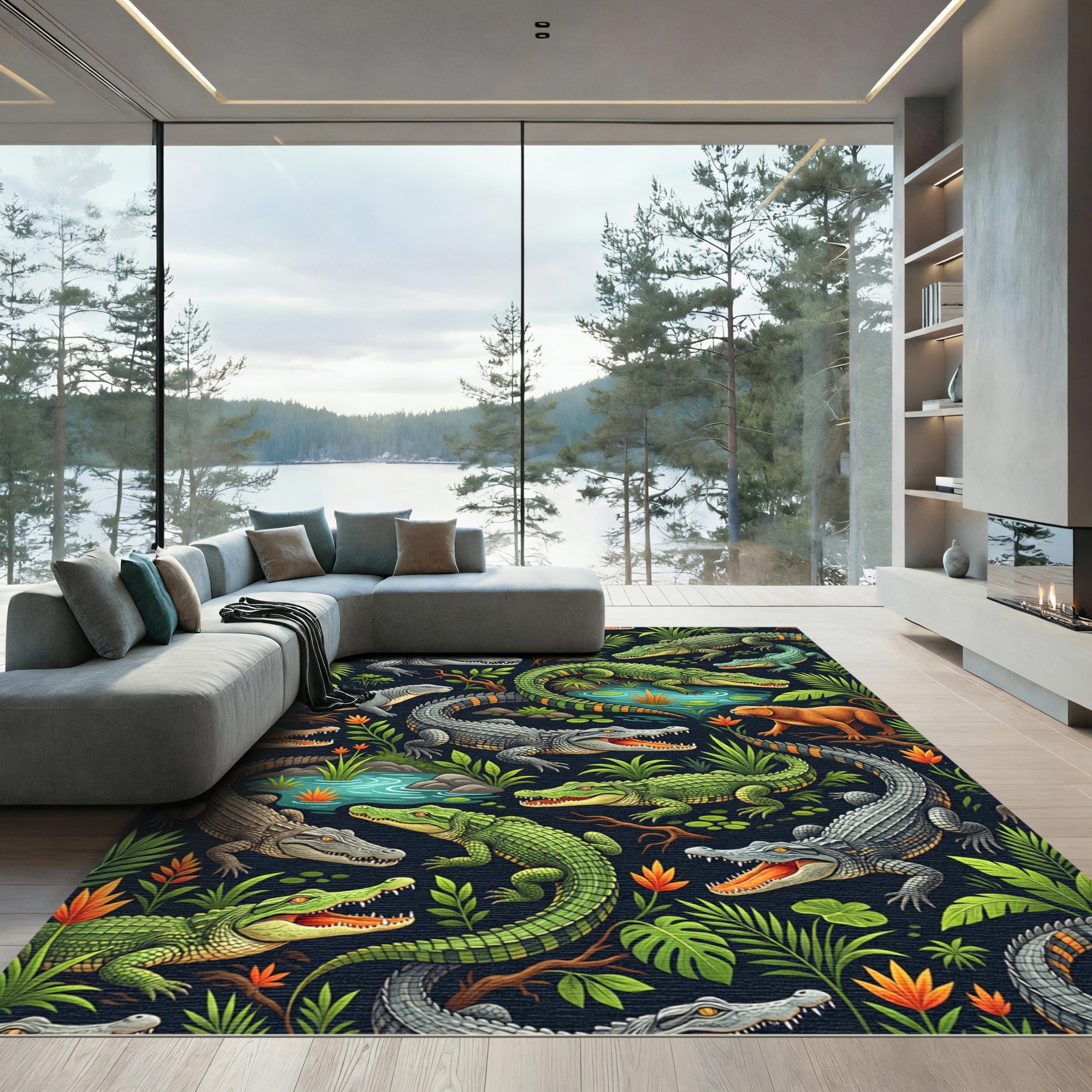 Lush Green Tropical Alligator Wildlife Rug