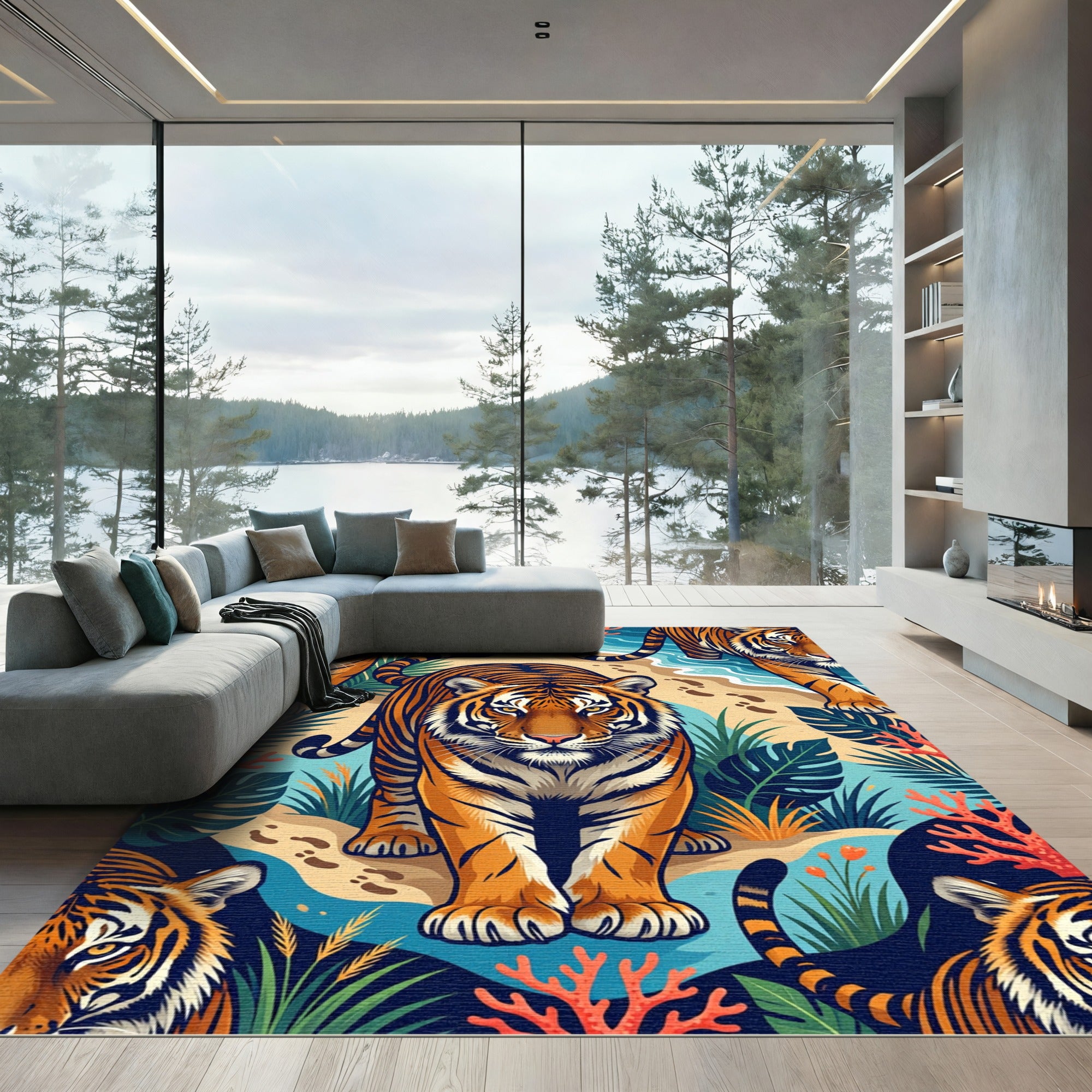 Vibrant Tiger Tropical Beach Scene Rug