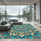 Teal and Gold Radiant Petal Mandala Rug