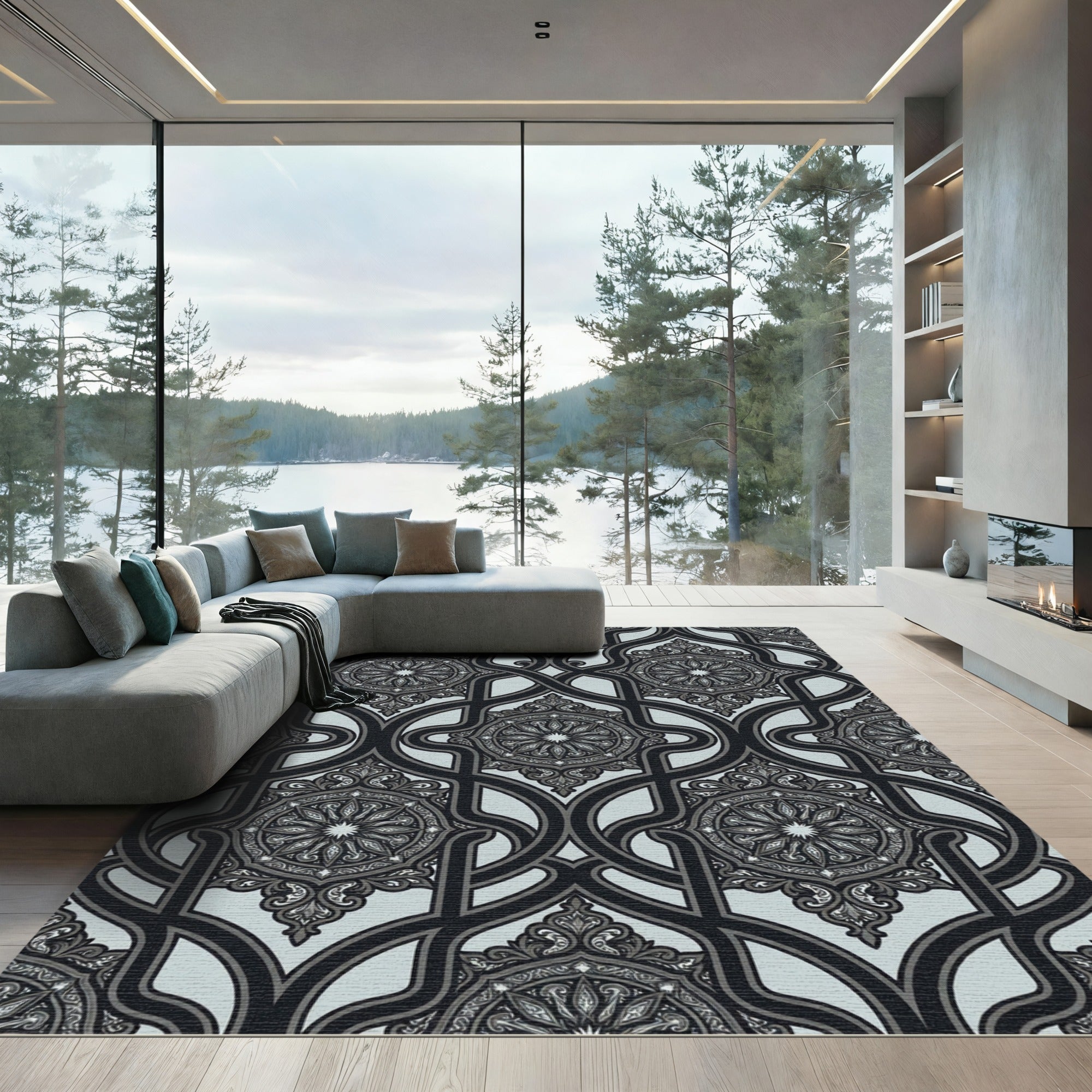 Intricate Geometric Mandala Grey Rug