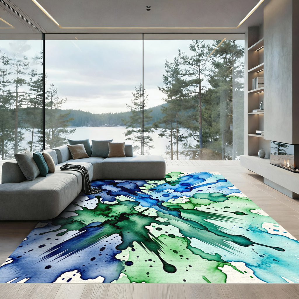 Blue and Green Abstract Ink Splash Rug