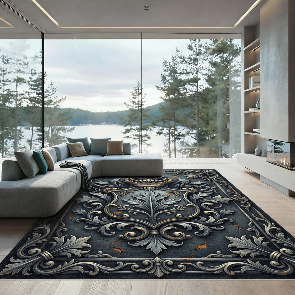 Regal Silver Filigree Crown Emblem Rug