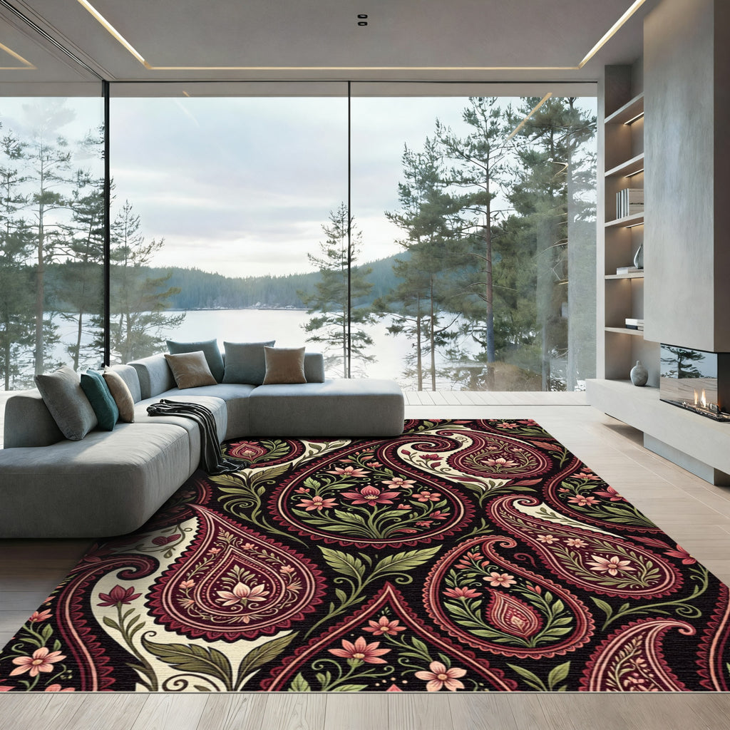 Elegant Burgundy Paisley Floral Tapestry Rug