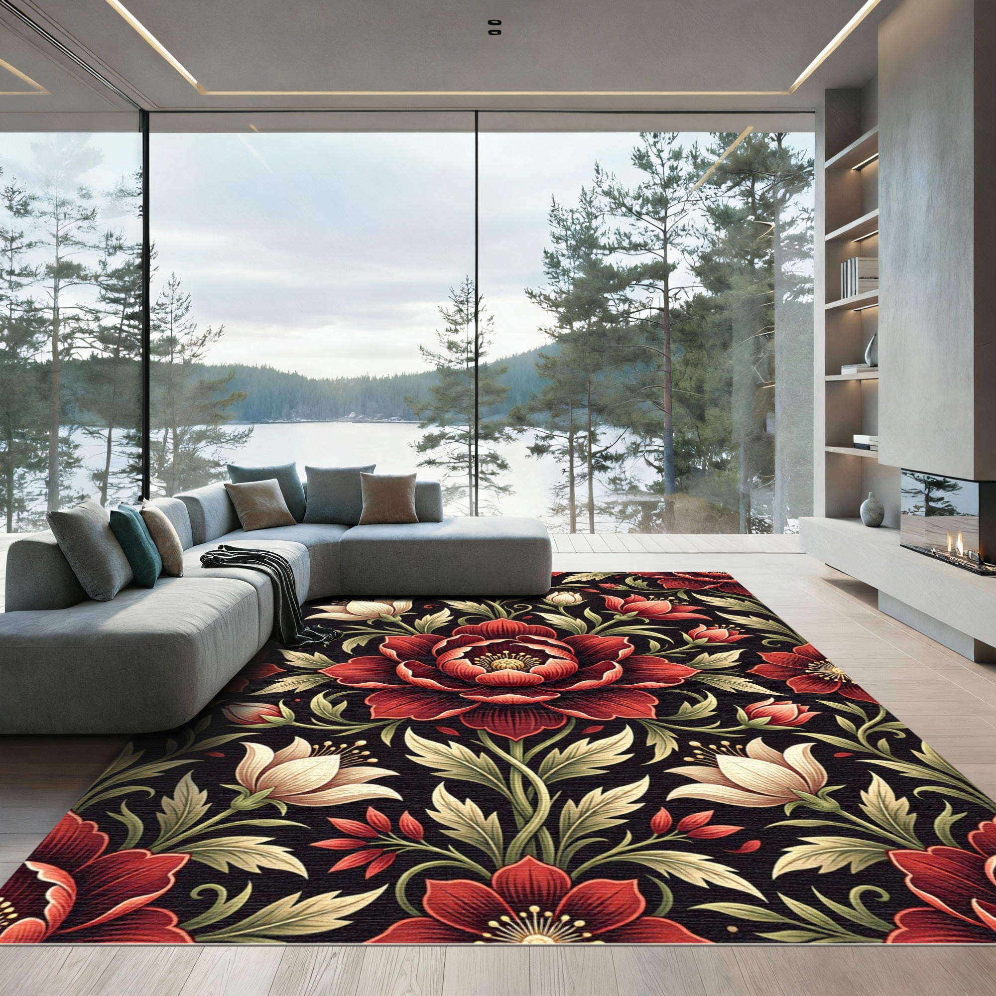 Dark Crimson Floral Botanical Arrangement Rug