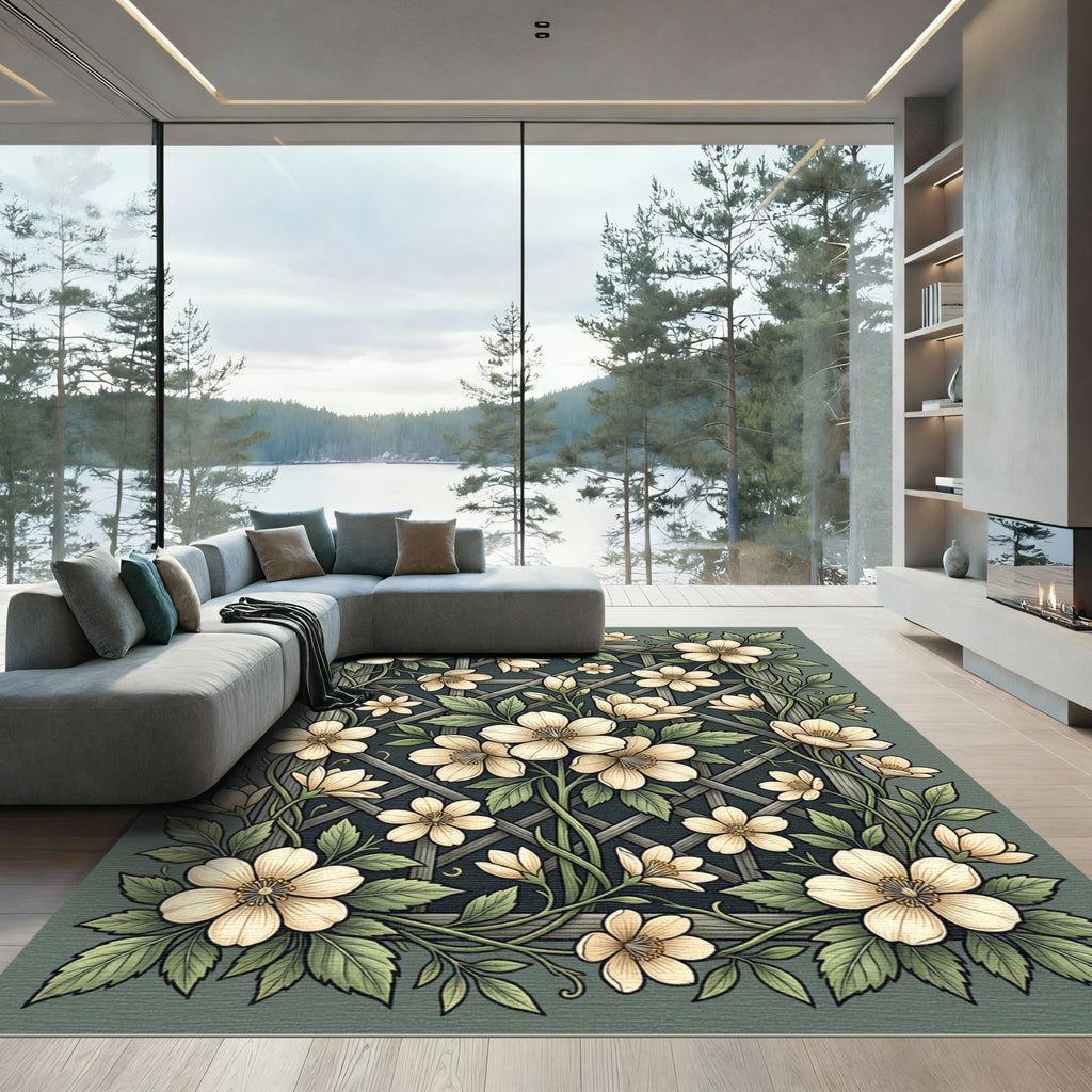 Sage Green Cream Floral Trellis Rug