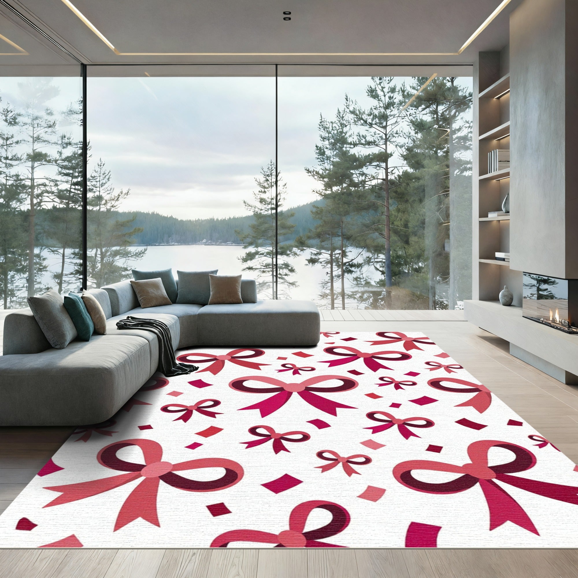 Whimsical Pink Ribbon Bow Confetti Rug