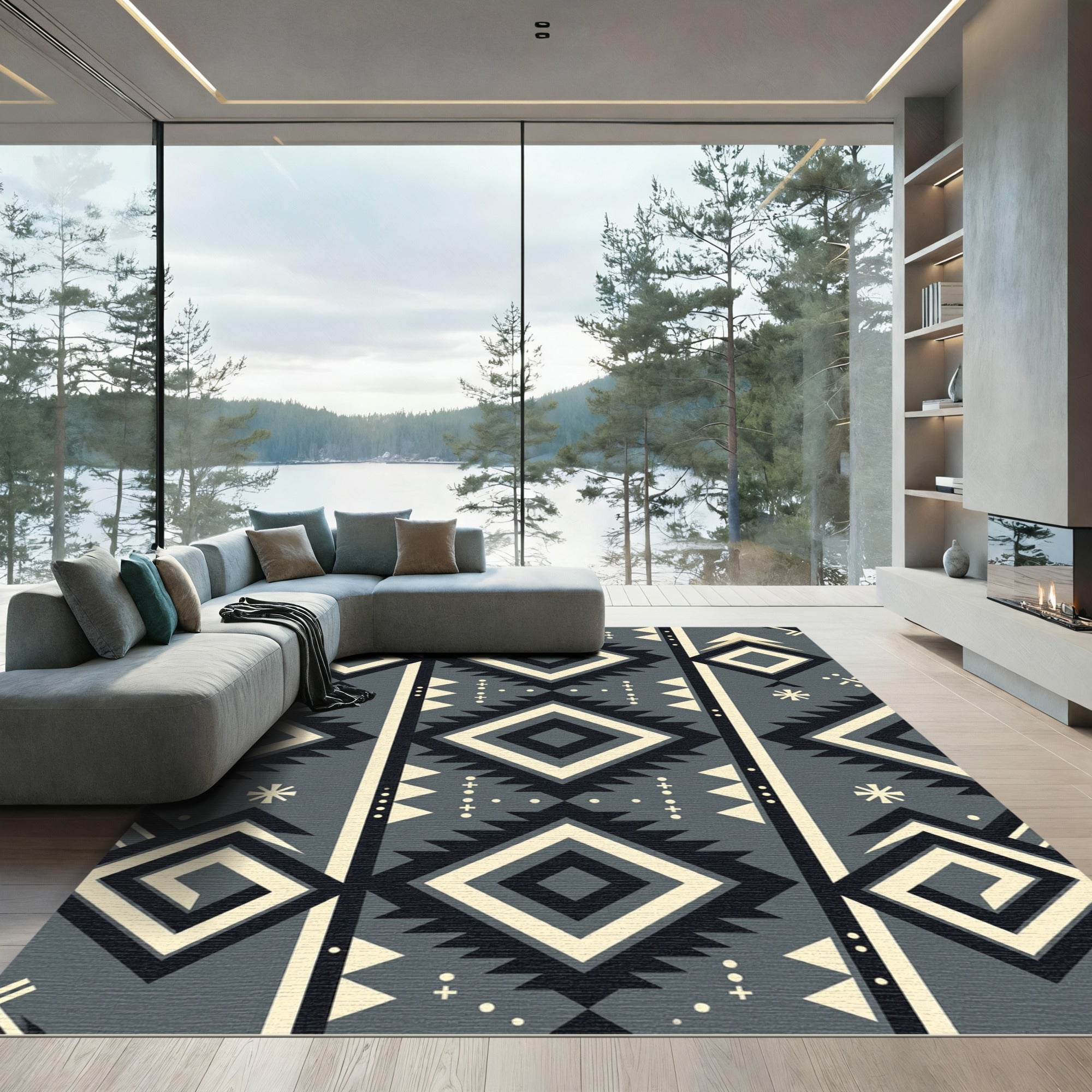 Gray Cream Black Diamond Geometric Loom Rug