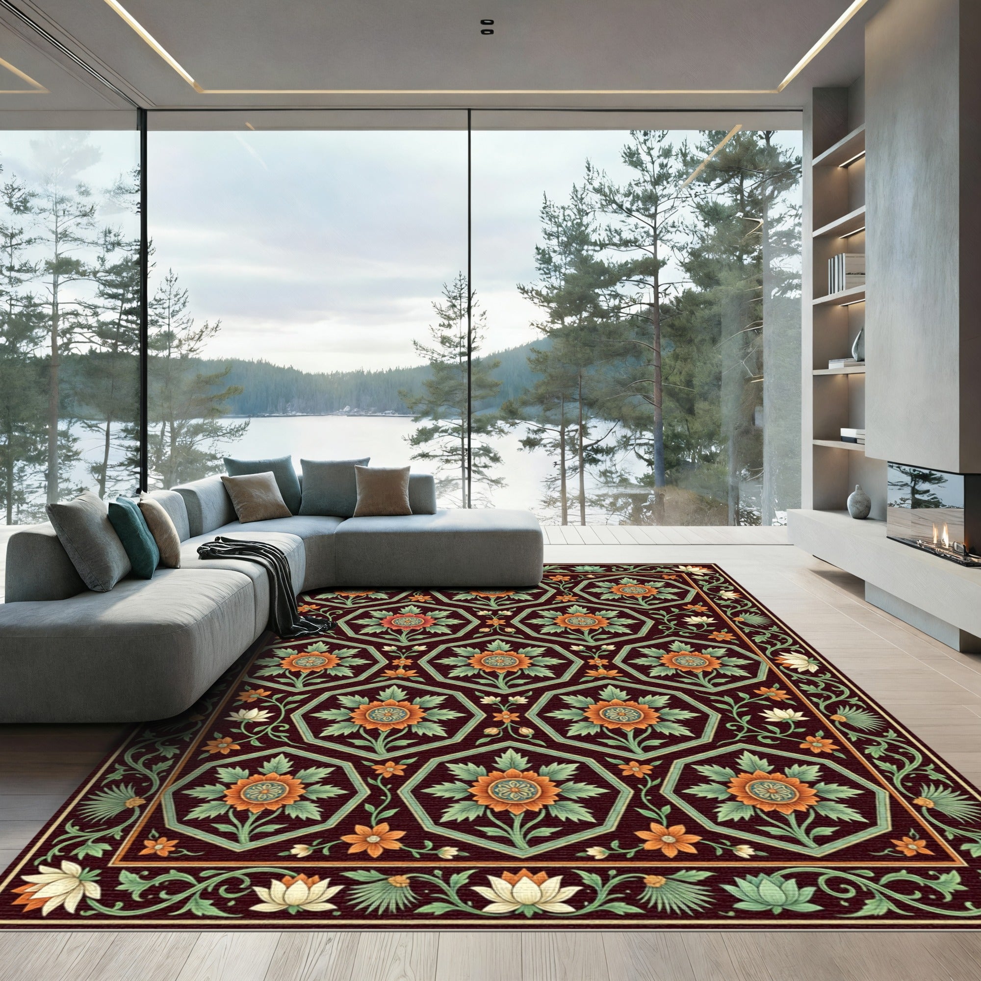 Elegant Crimson Hexagonal Floral Garden Rug