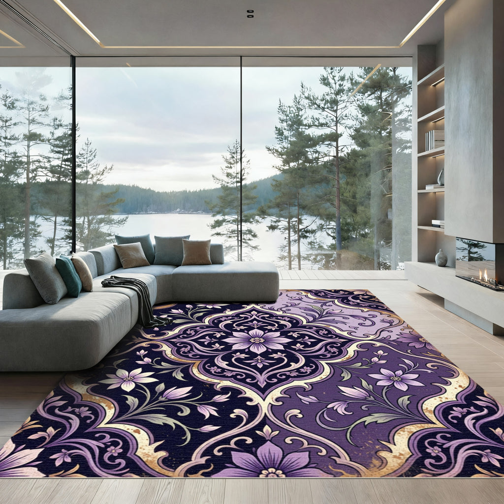 Ornate Plum Damask Floral Medallion Rug