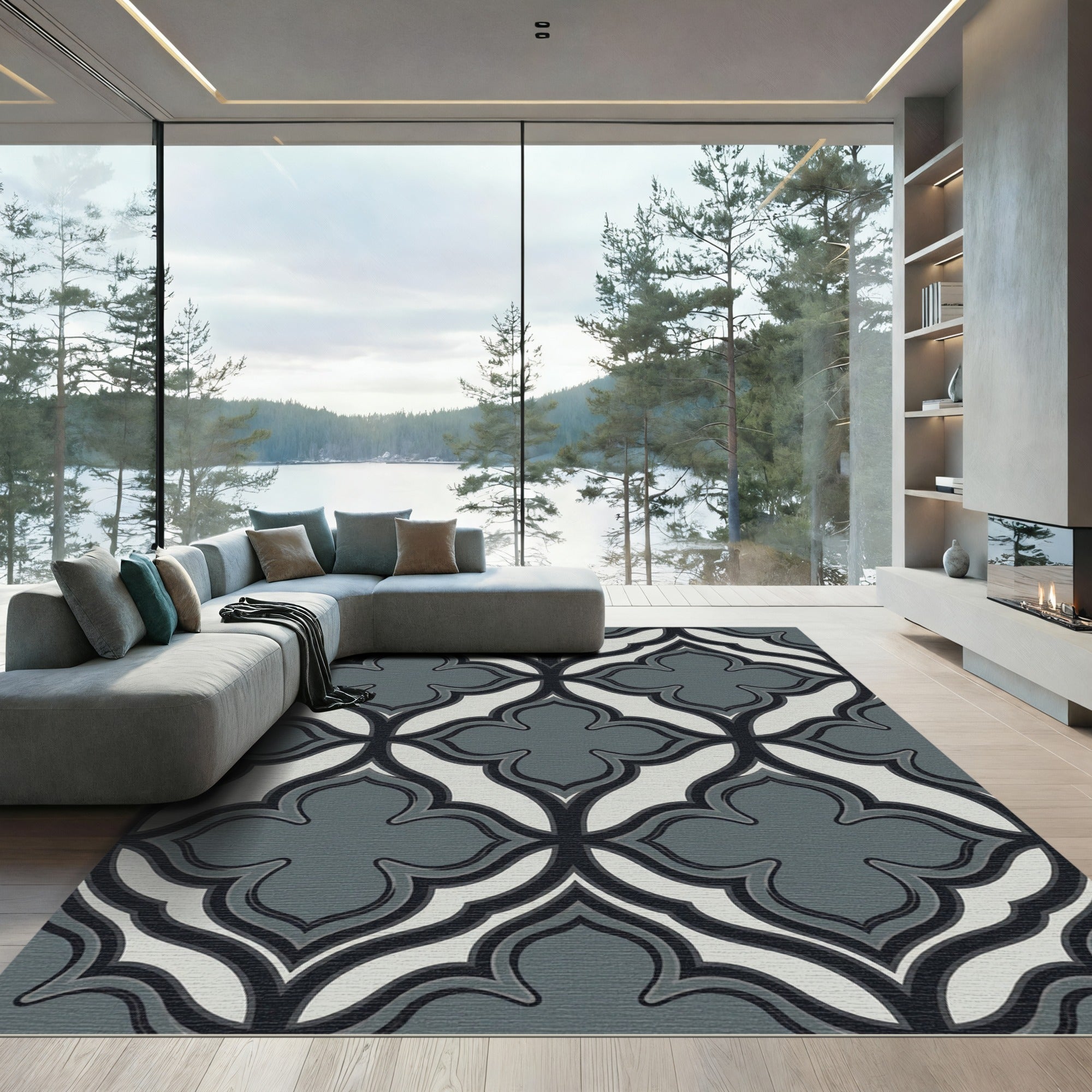Sophisticated Charcoal Gray Quatrefoil Geometric Rug