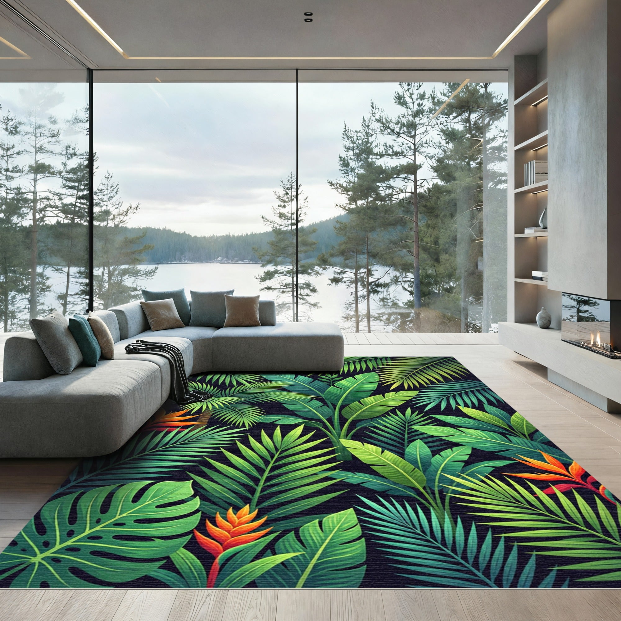 Vivid Green Jungle Leafery Arrangement Rug