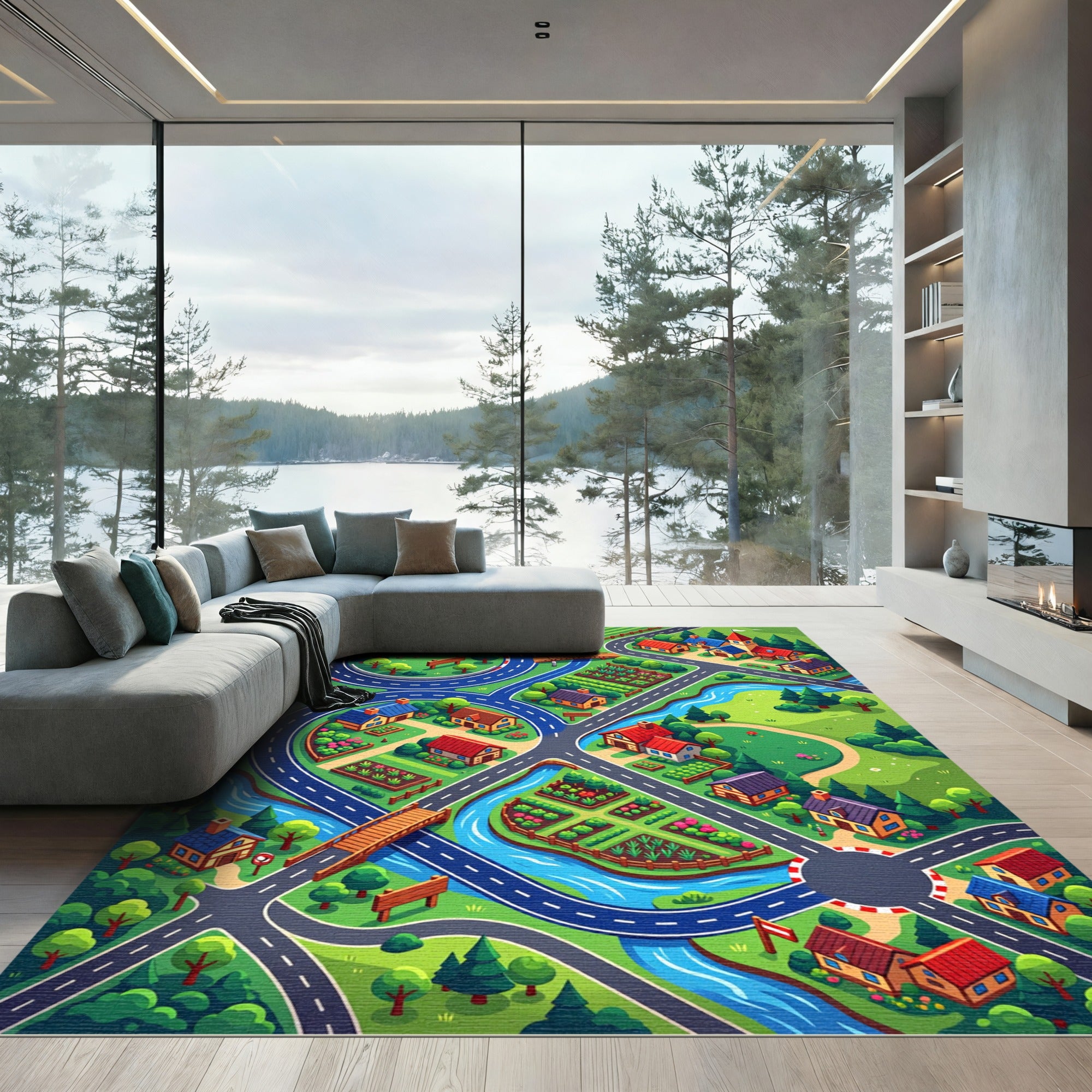Vibrant Illustrated Countryside Village Roadways Rug