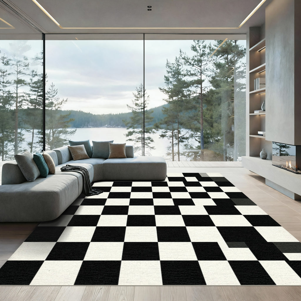 Monochrome Distorted Checkerboard Graphic Rug