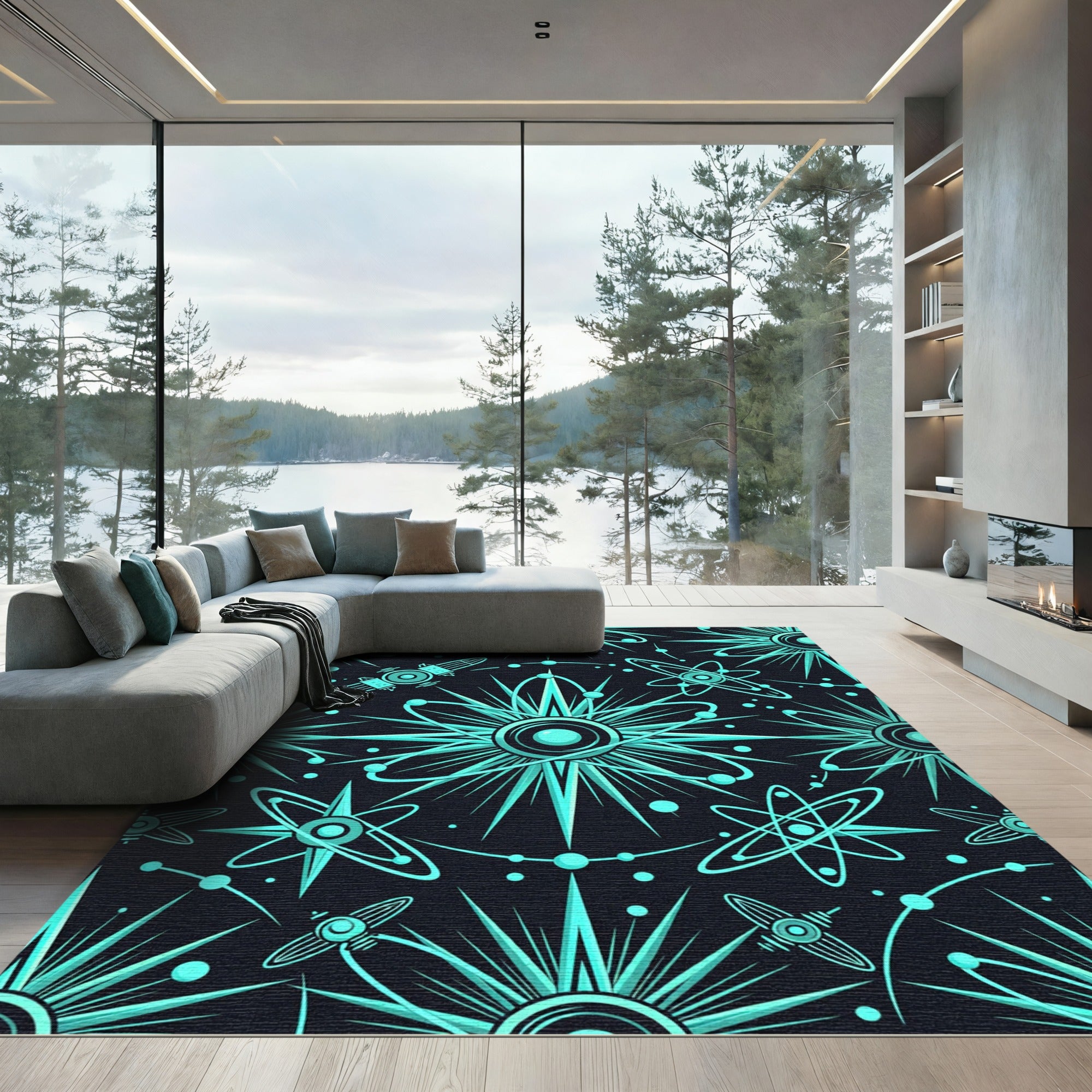 Retro Cyan Atomic Orbit Rug