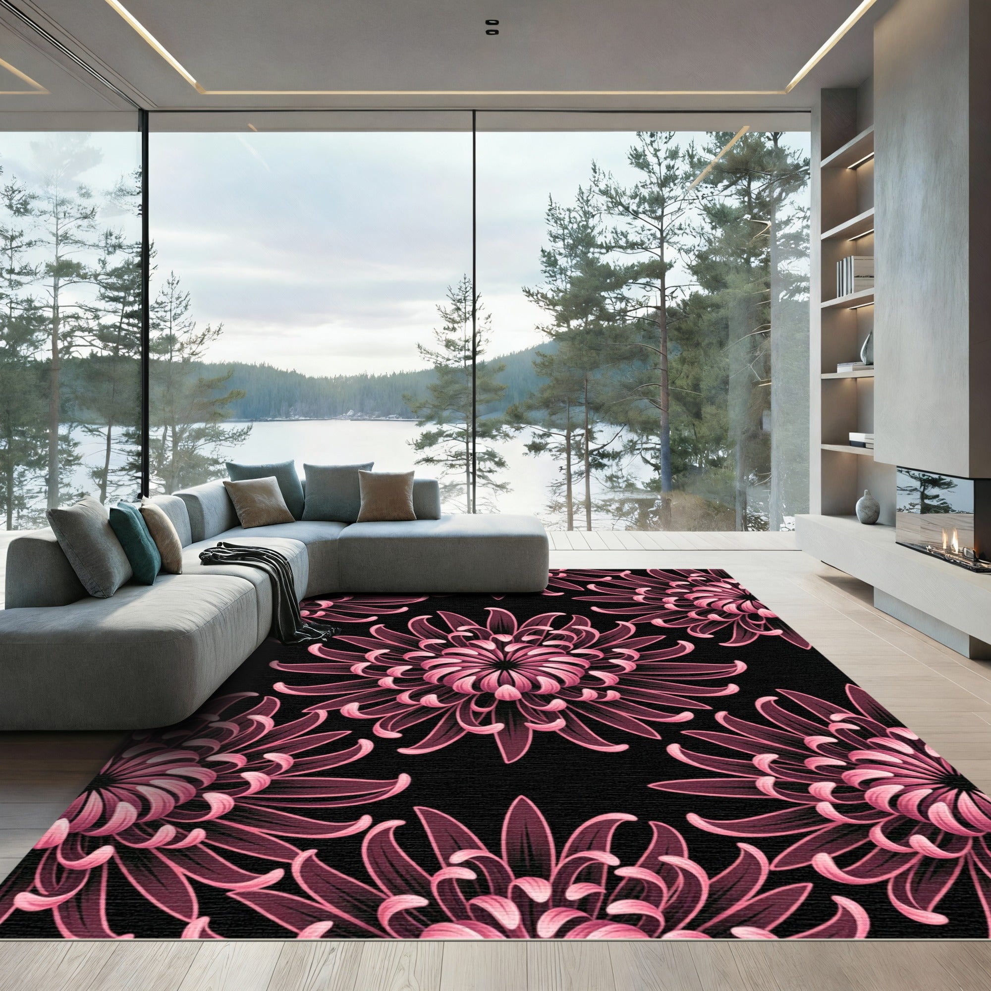 Dark Pink Chrysanthemum Floral Art Rug