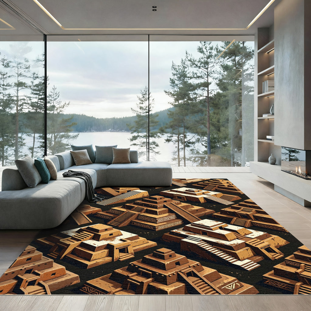 Isometric Aztec Temple Earth Tone Rug