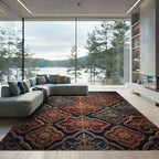Ornate Crimson and Navy Hexagonal Filigree Rug