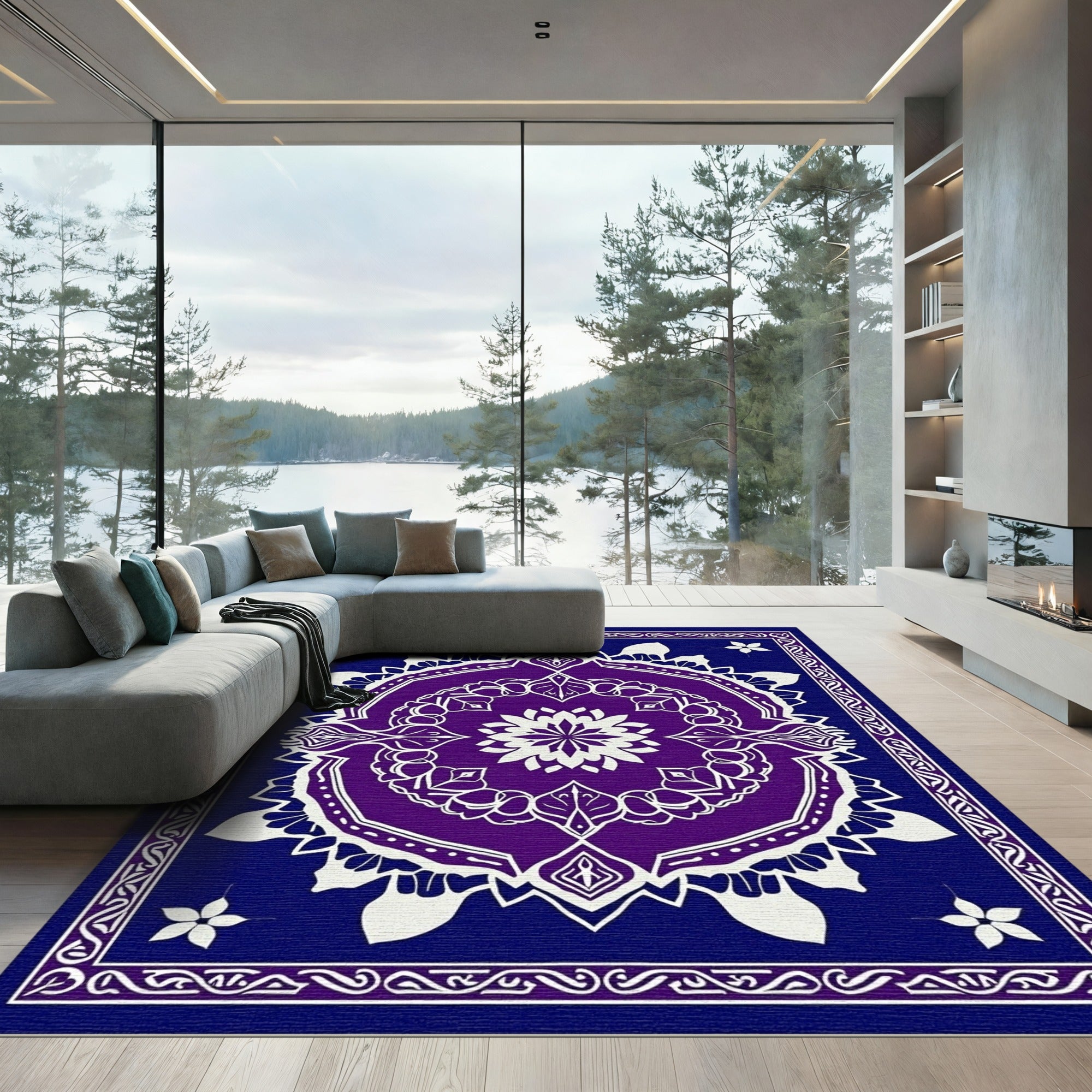 Deep Blue Plum Medallion Floral Rug