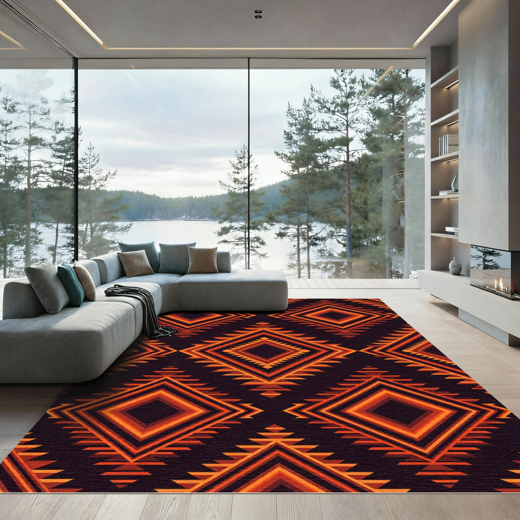 Fiery Orange Diamond Tribal Rug