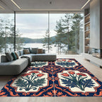 Navy Cream Floral Damask Botanical Square Rug