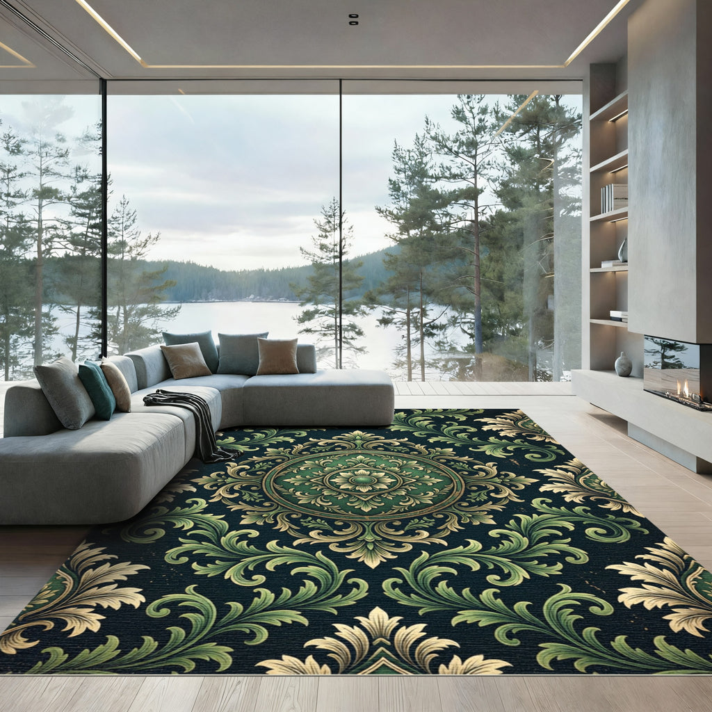 Elegant Emerald Green Baroque Medallion Scroll Rug
