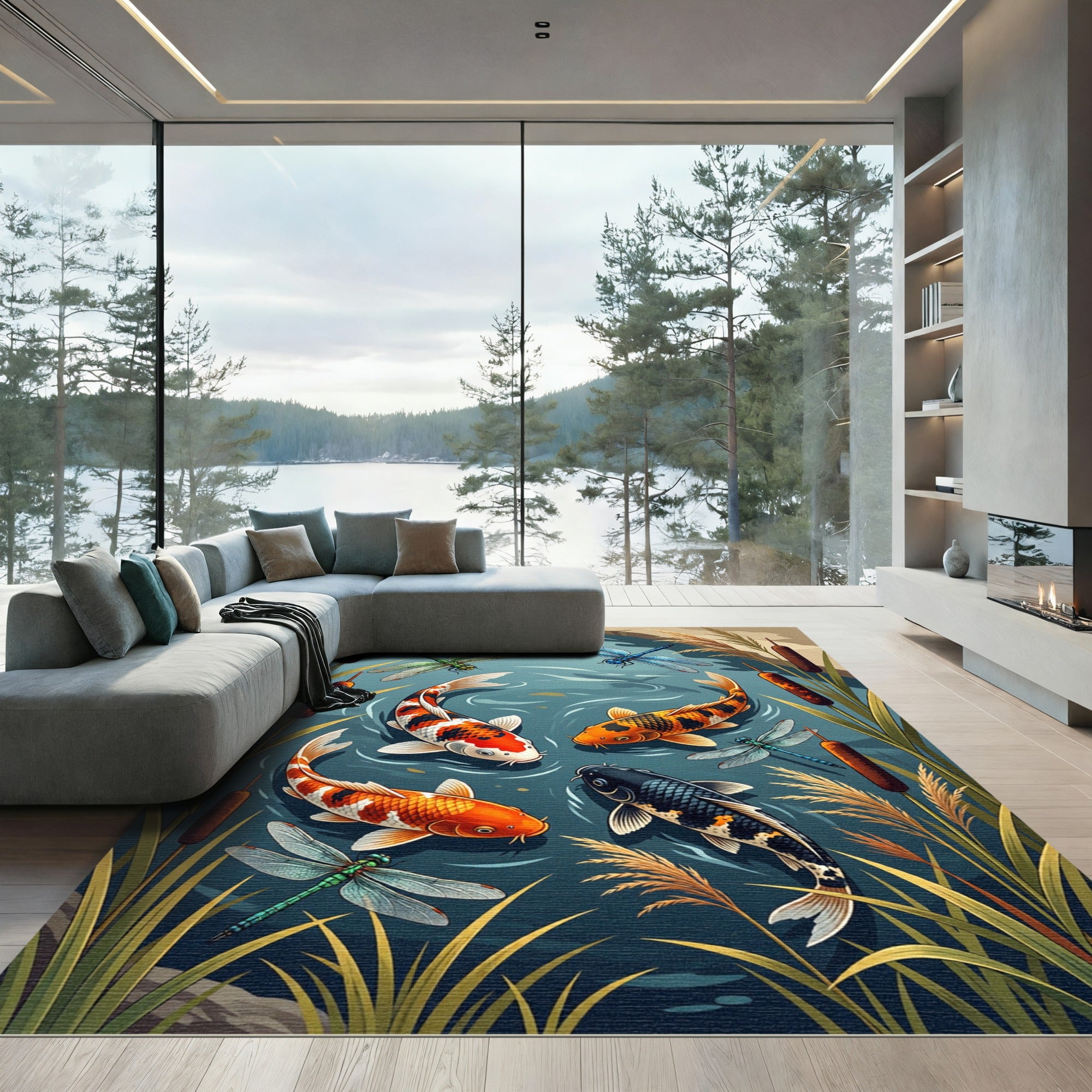 Vibrant Koi Pond and Dragonfly Scene Rug