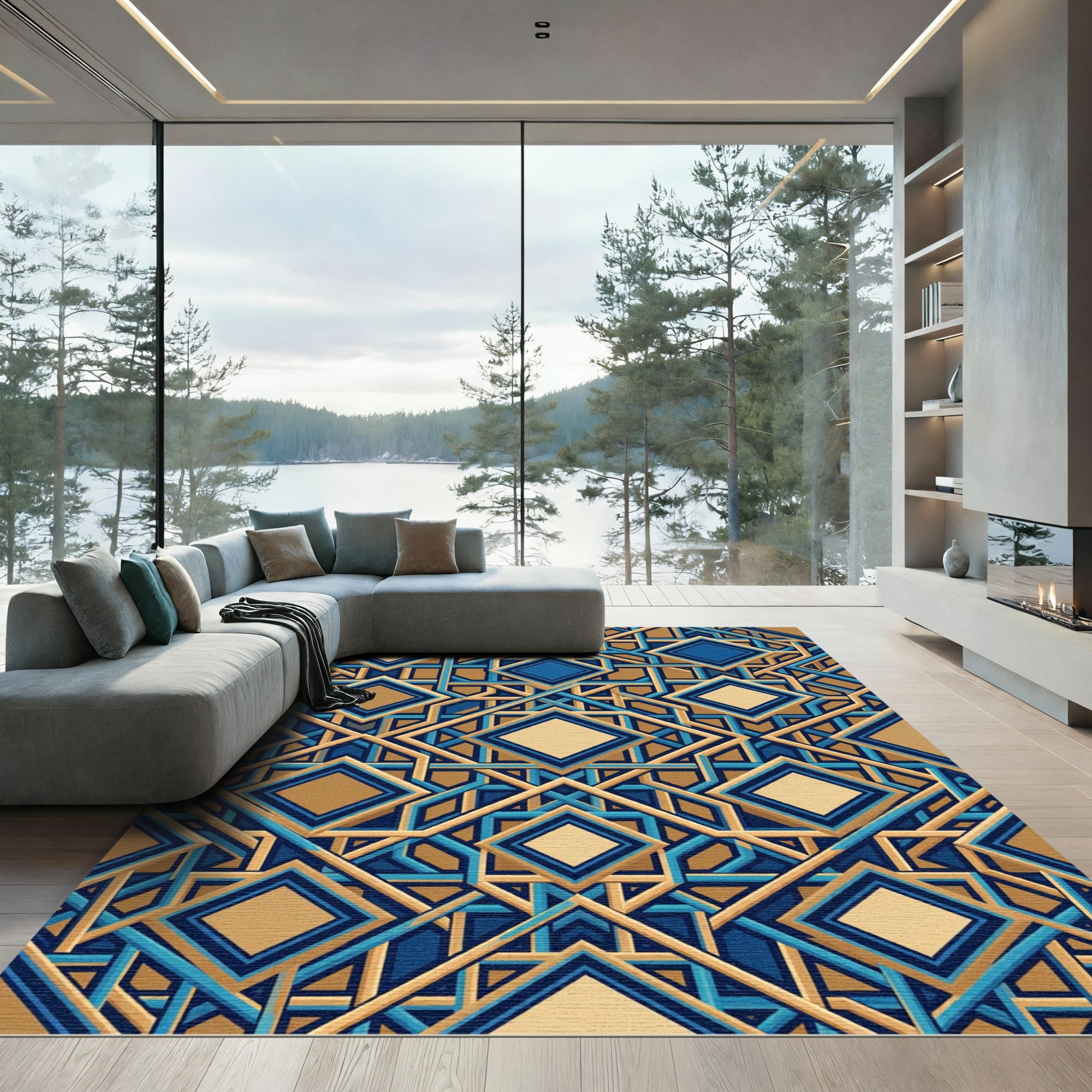 Geometric Navy and Gold Interlocking Square Rug