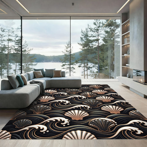 Black Gold Seashell Wave Art Rug