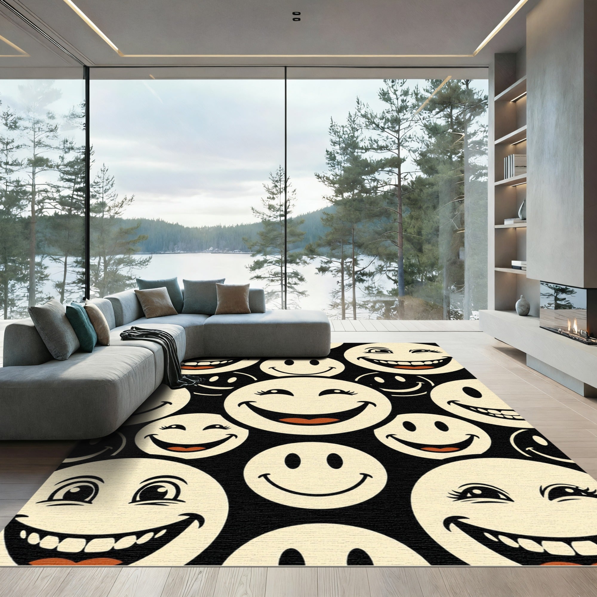 Retro Black and Cream Smiling Faces Rug