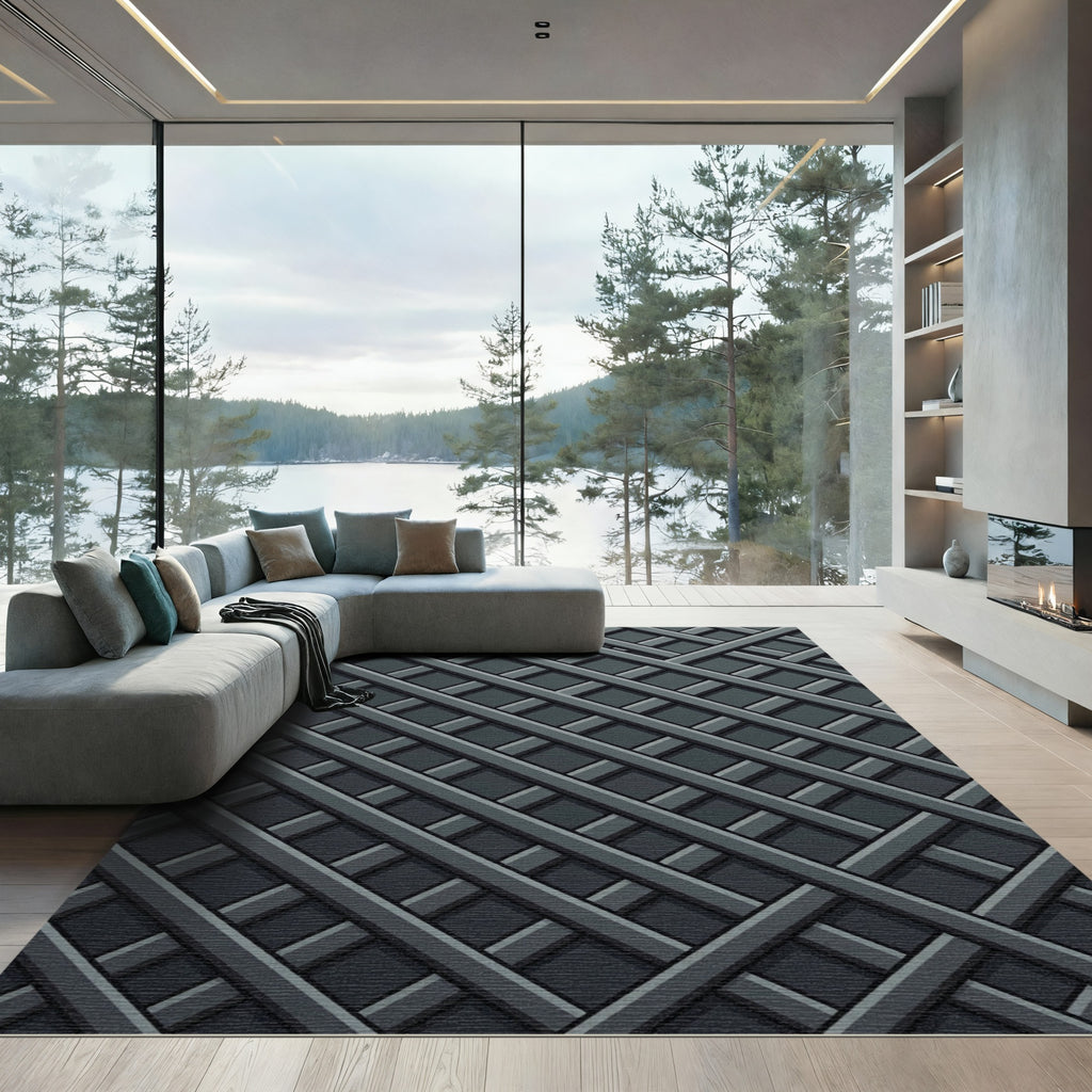 Modern Dark Gray Lattice Weave Rug