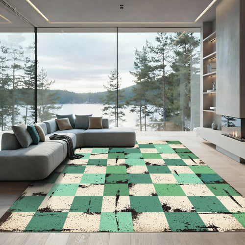 Aqua Teal Grungy Checkered Squares Rug