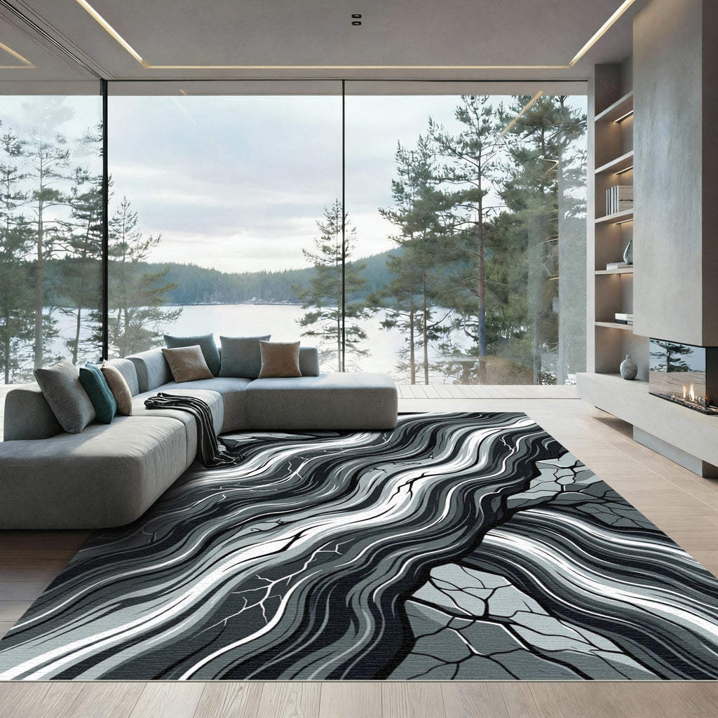 Monochrome Abstract Flowing River Rock Rug