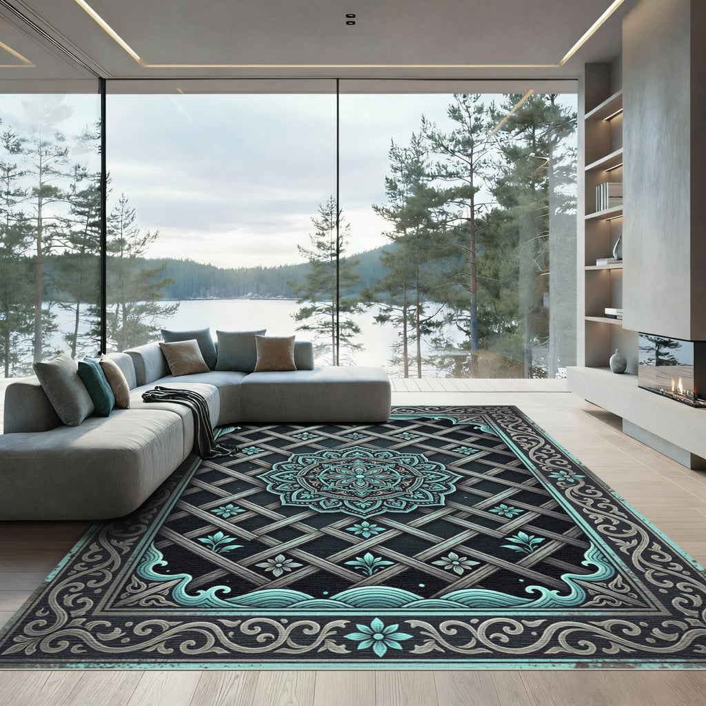Turquoise Mandala Lattice Frame Rug