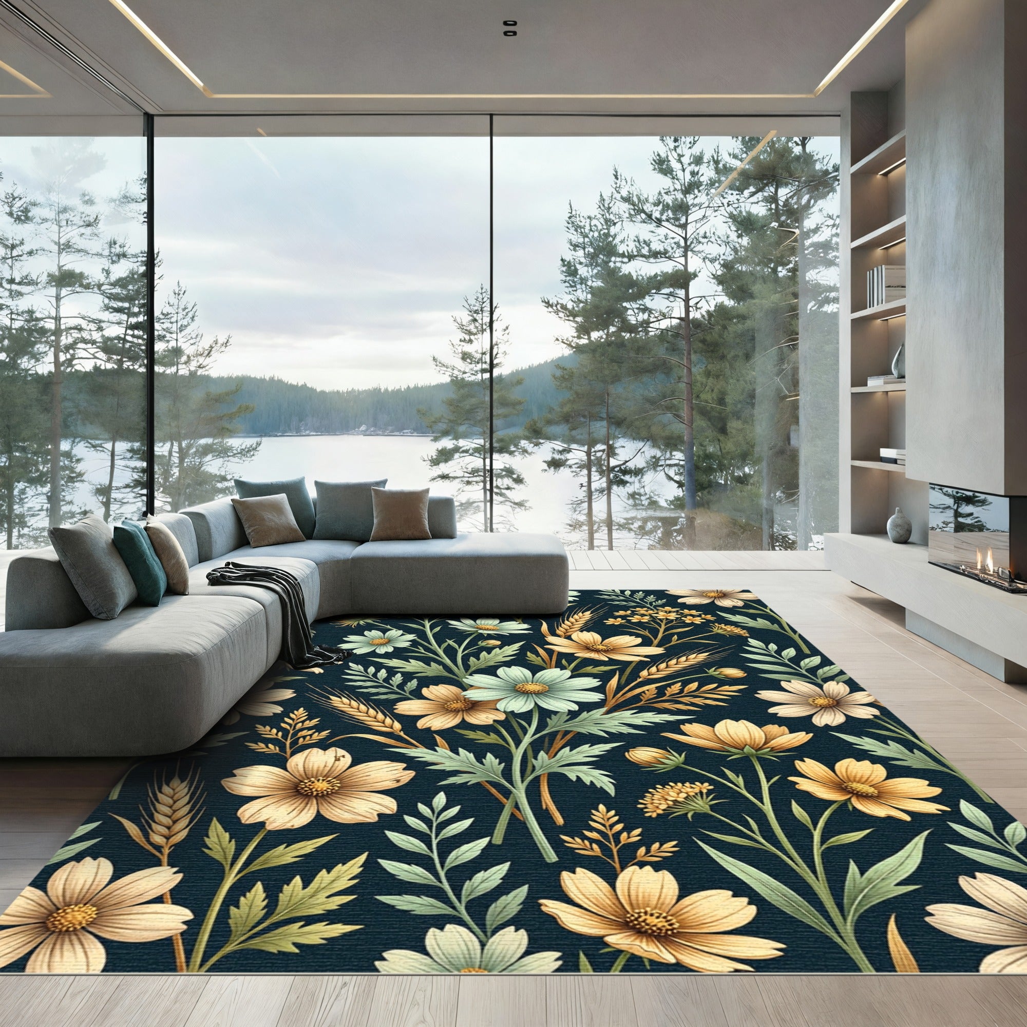 Wildflower Meadow Botanical Dark Floral Wallpaper Rug