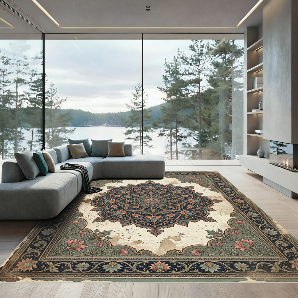 Vintage Indigo Floral Medallion Frame Rug