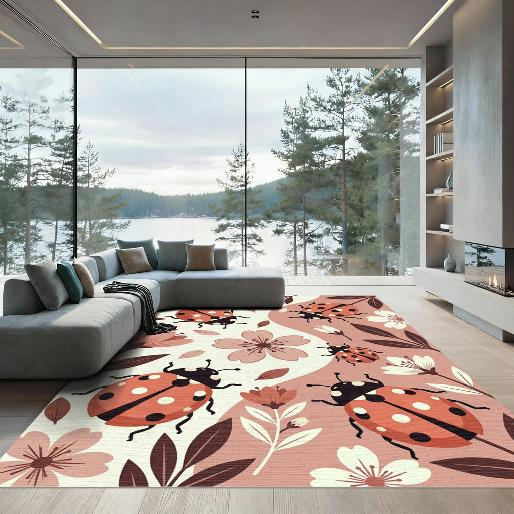 Whimsical Ladybug Floral Earthy Tone Rug