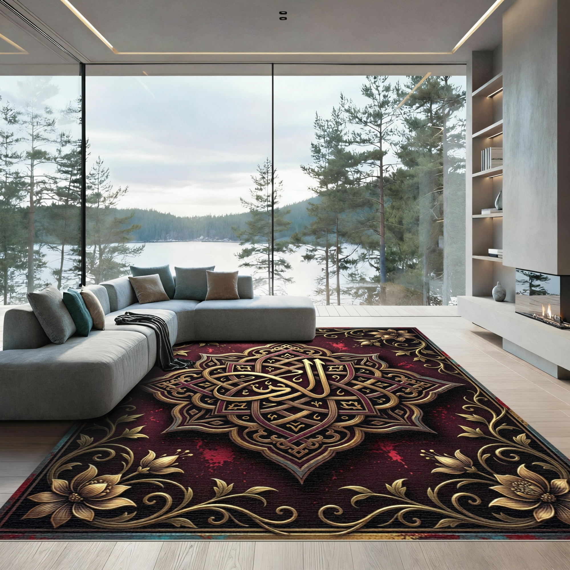 Ornate Radiant Crimson Golden Floral Medallion Rug