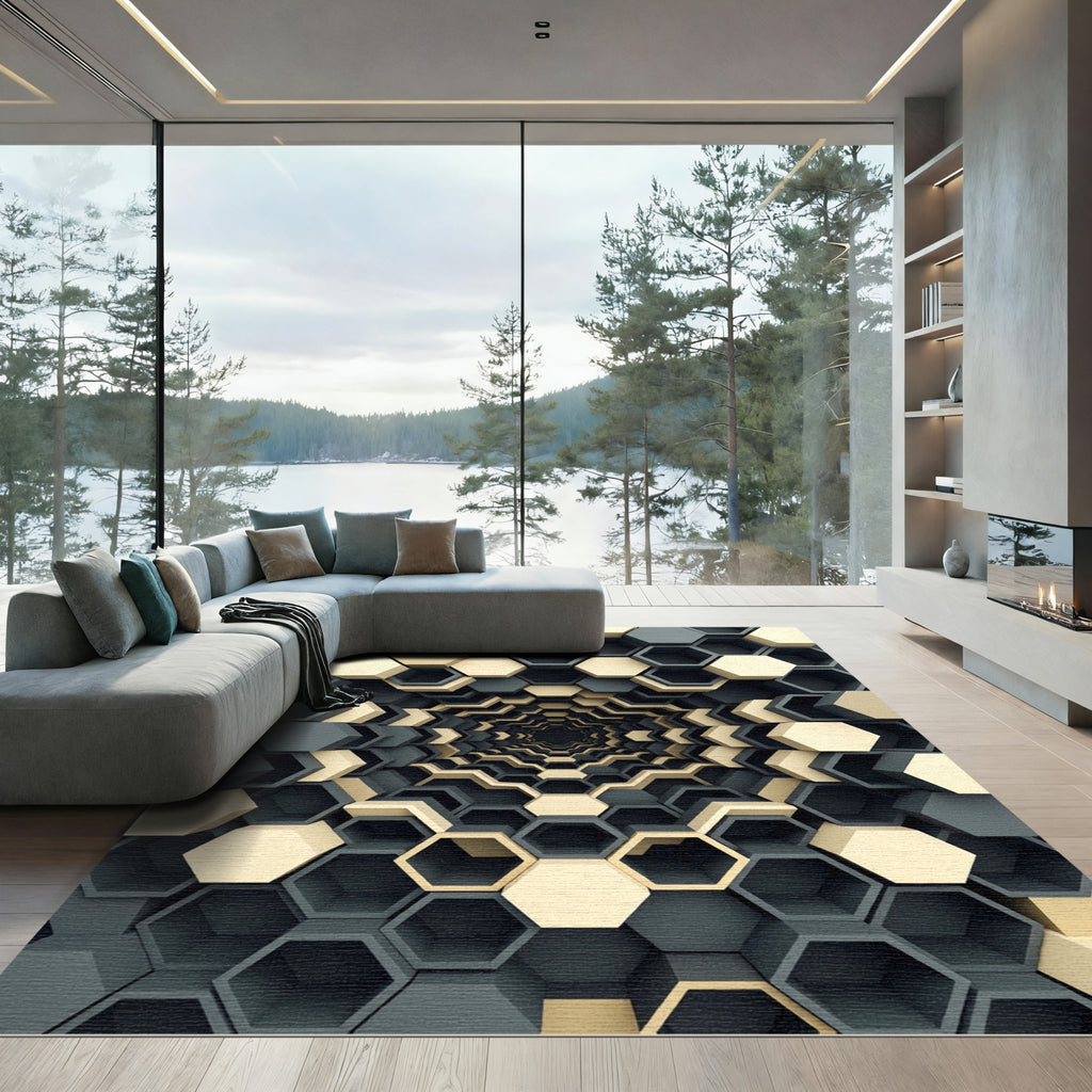 Modern Cream and Charcoal Hexagon Tunnel Rug