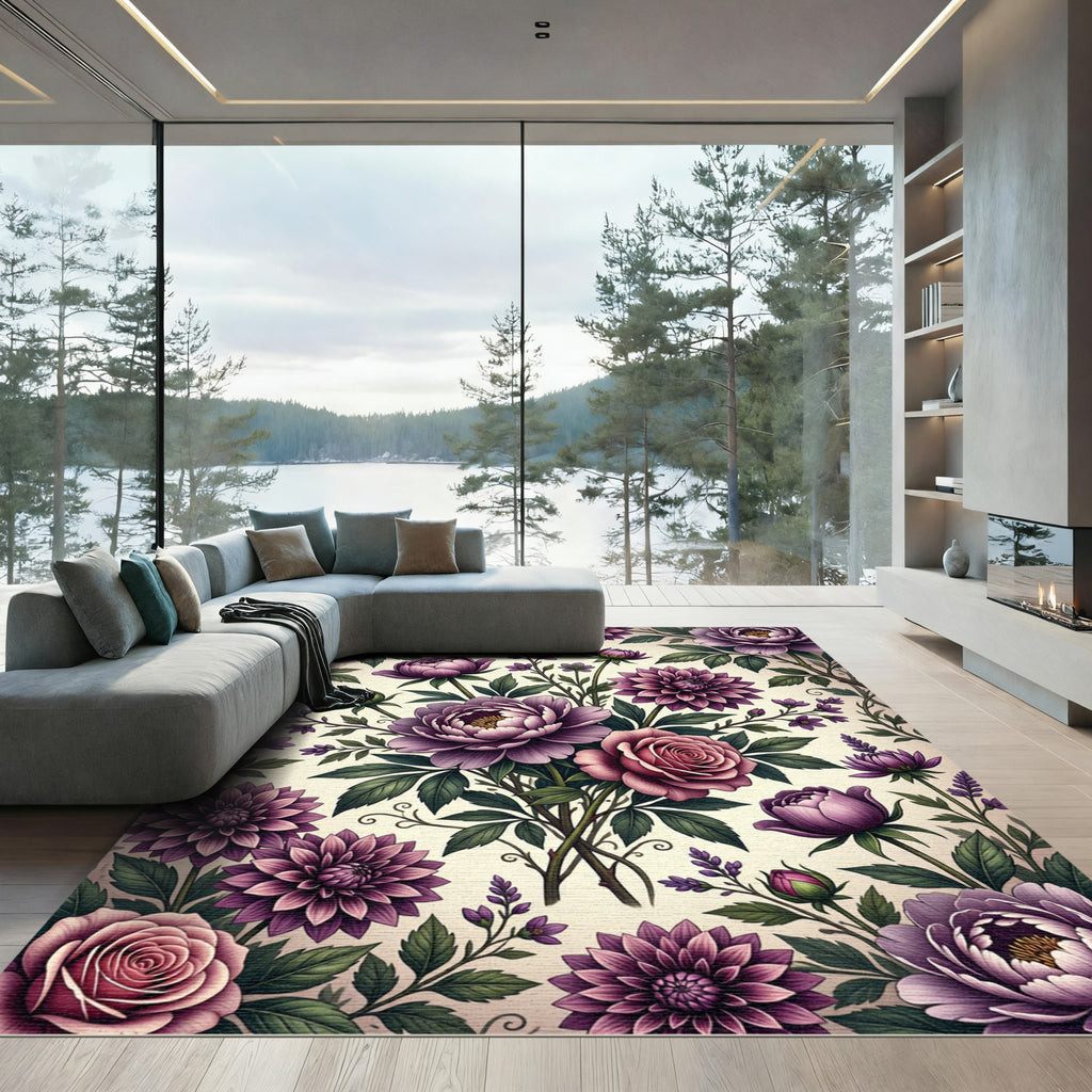 Vibrant Purple Dahlia Rose Bouquet Rug
