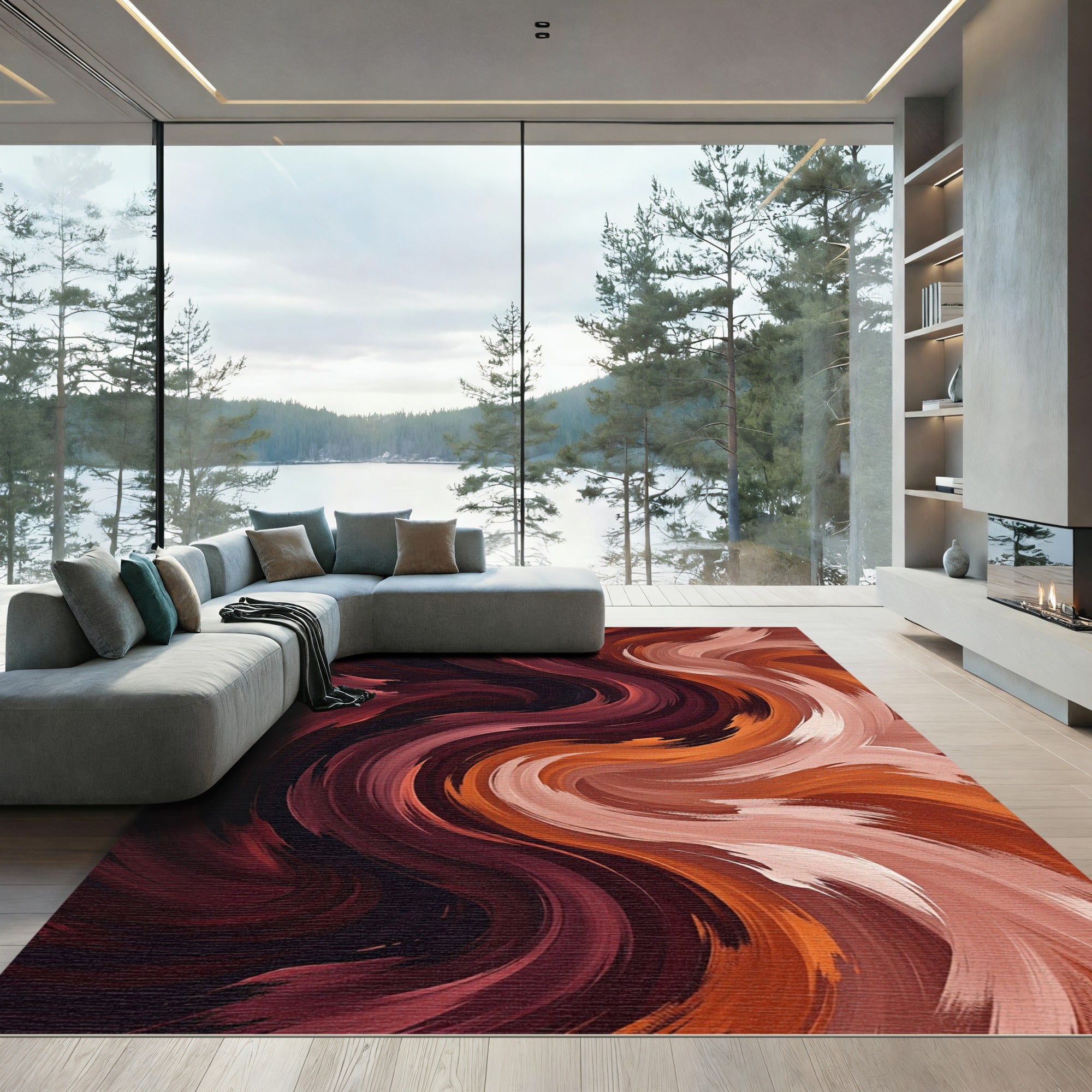 Abstract Crimson And Copper Swirl Rug