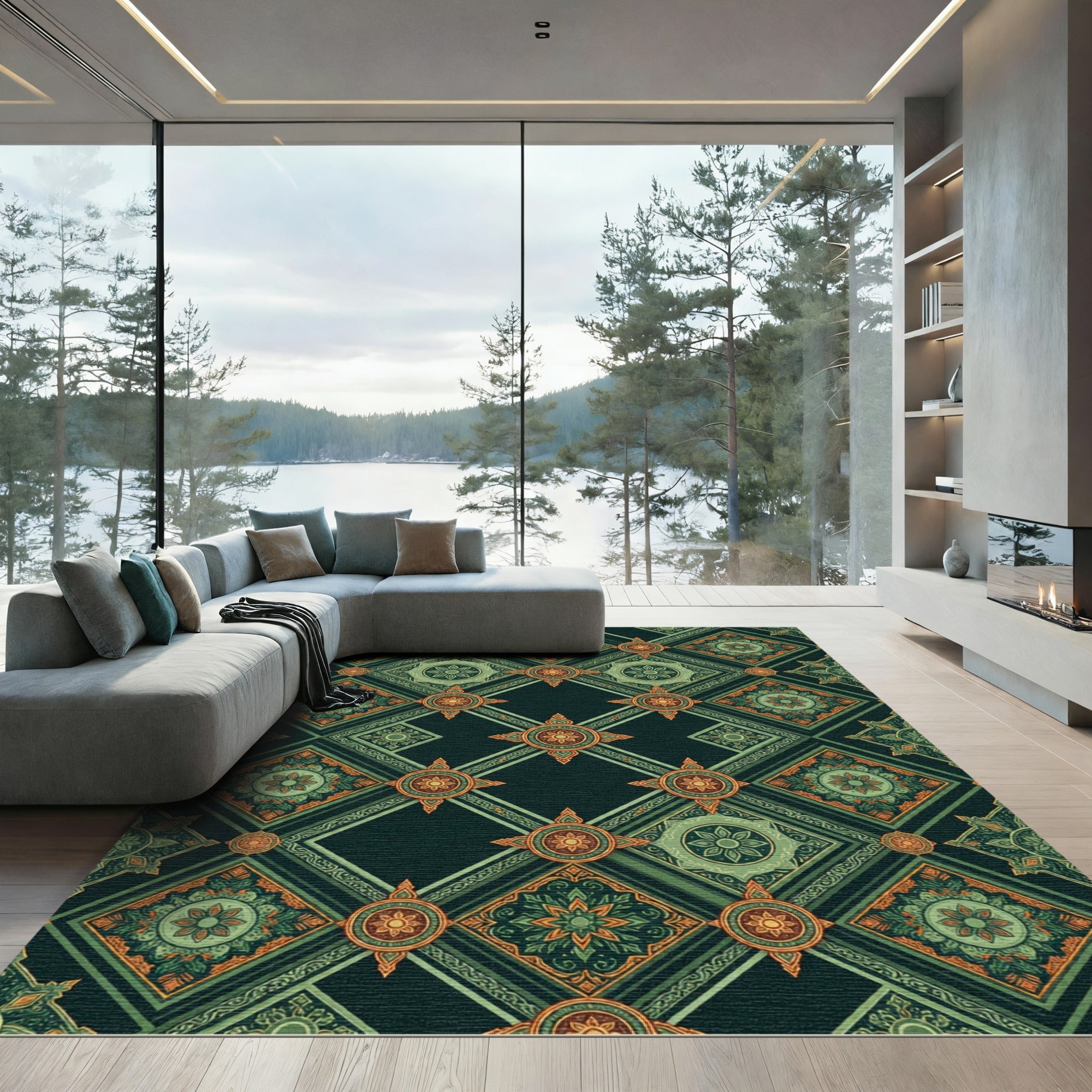 Emerald Geometric Lattice Floral Medallion Rug