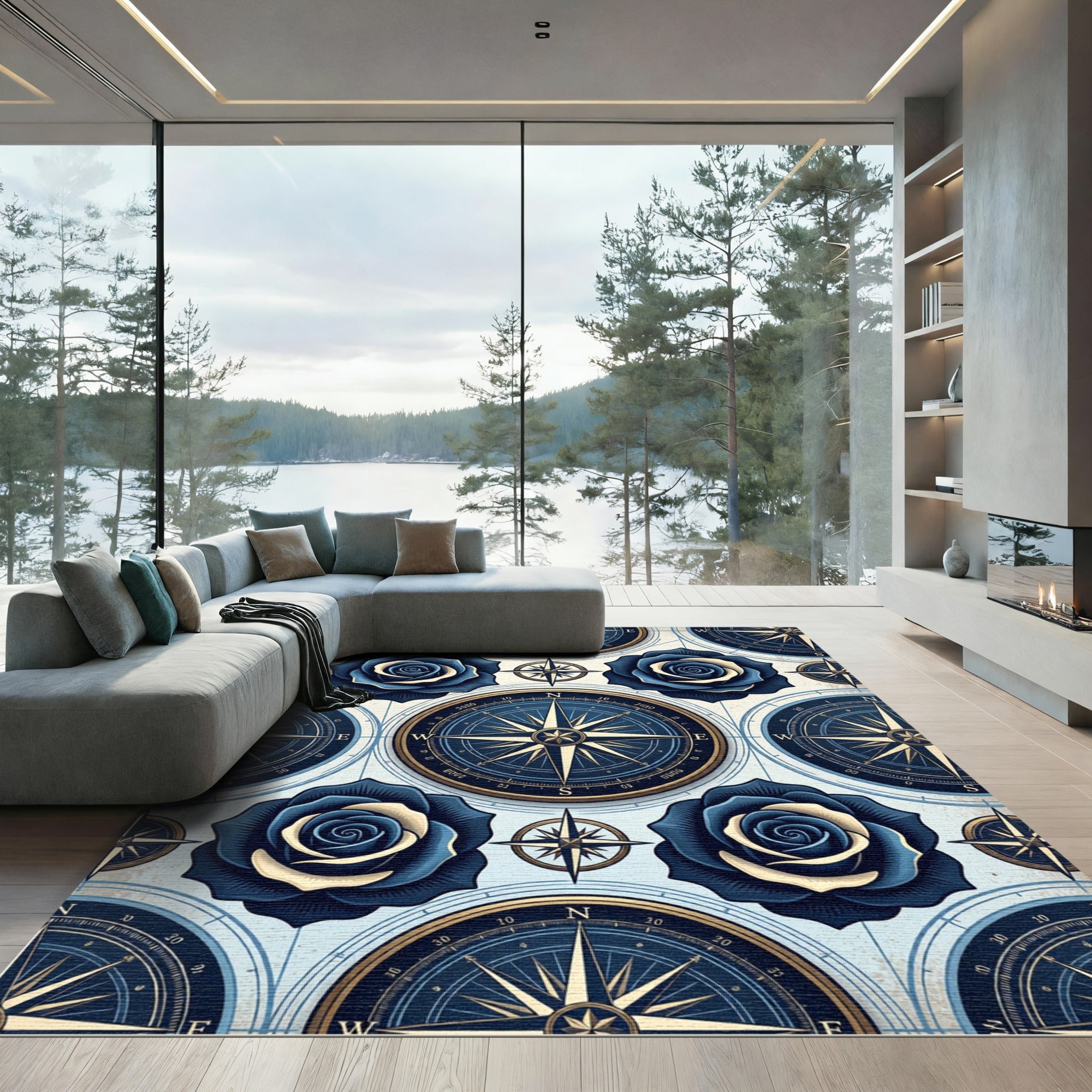 Navy Nautical Compass and Rose Floral Rug