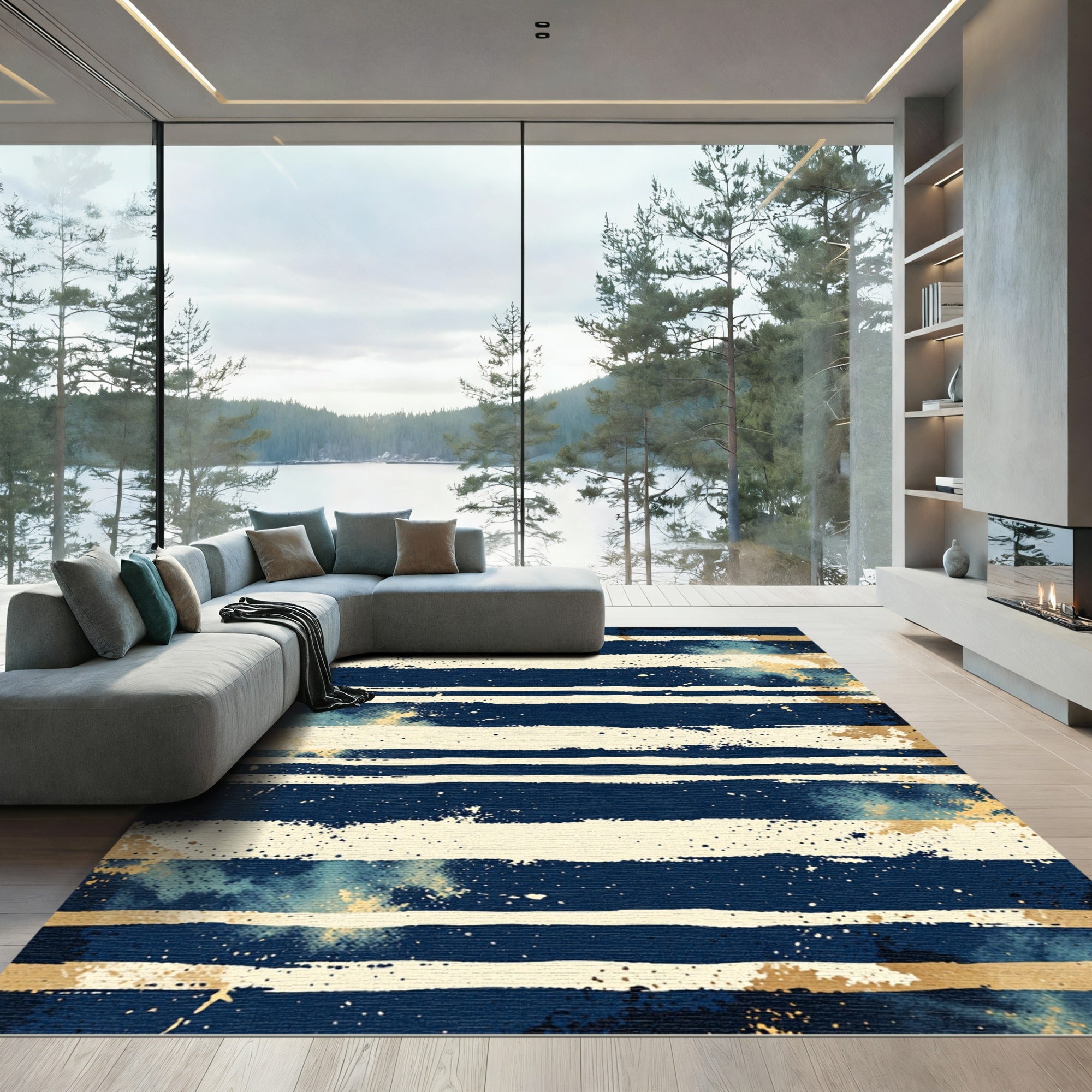 Navy Gold Textured Stripe Rug