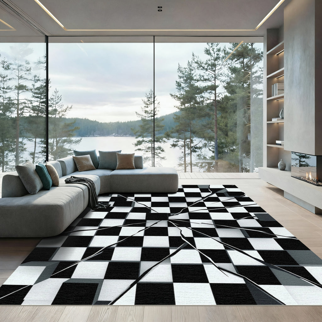 Black White Shattered Checkered Squares Rug