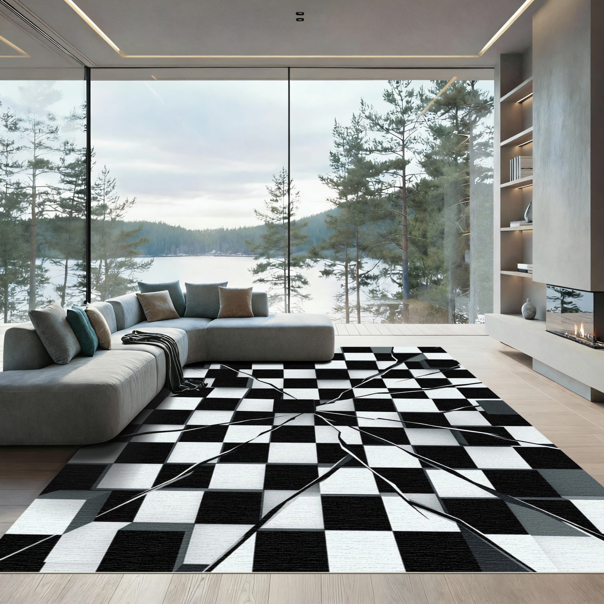 Black White Shattered Checkered Squares Rug