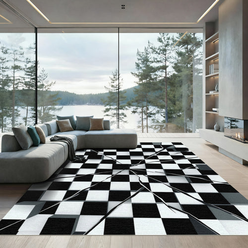 Black White Shattered Checkered Squares Rug